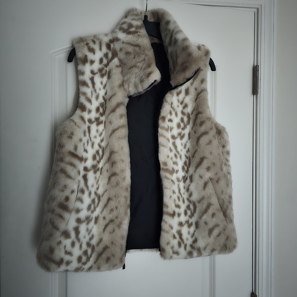 🐆 GIACCA GALLERY Reversible BROWN LYNX FAUX FUR Spotted Snow Leopard VEST - Picture 3 of 10